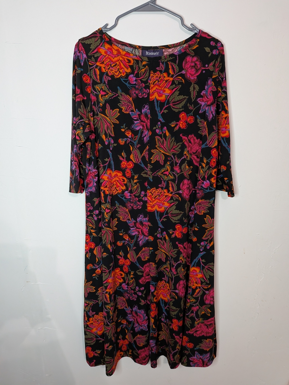 Roaman's Black 3/4 Sleeve Dress with Pink & Orange Floral Print